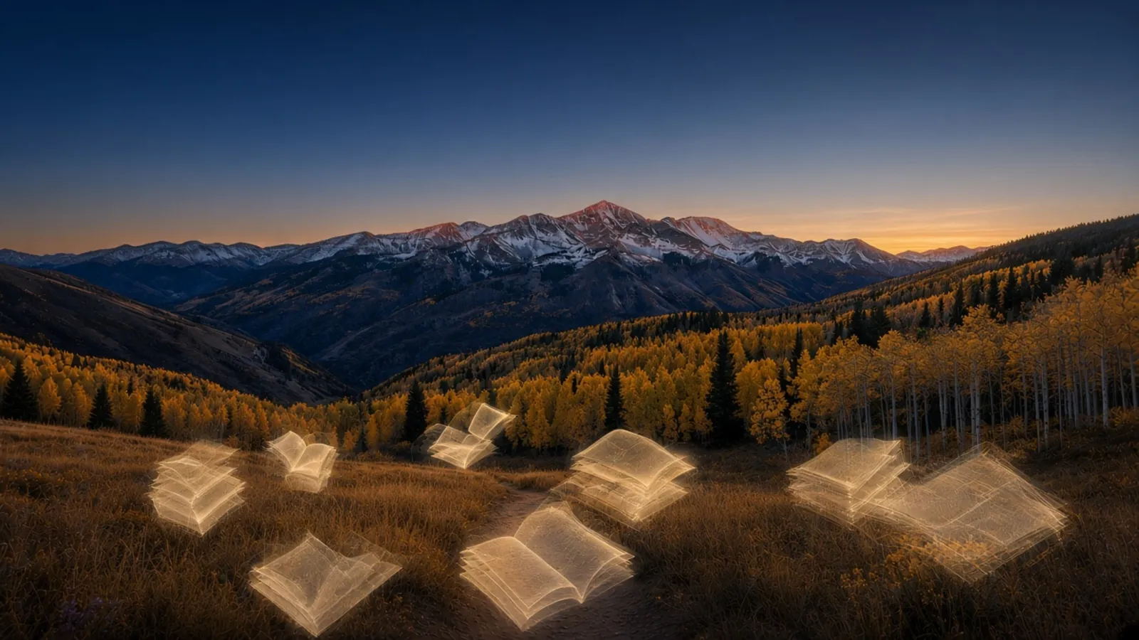 Translucent open ledger pages over golden aspens and the Rocky Mountains at dawn
